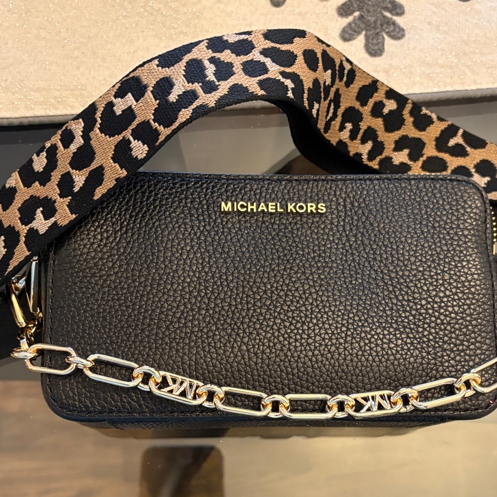 Michael Kors Black Crossbody Bag with Leopard Strap